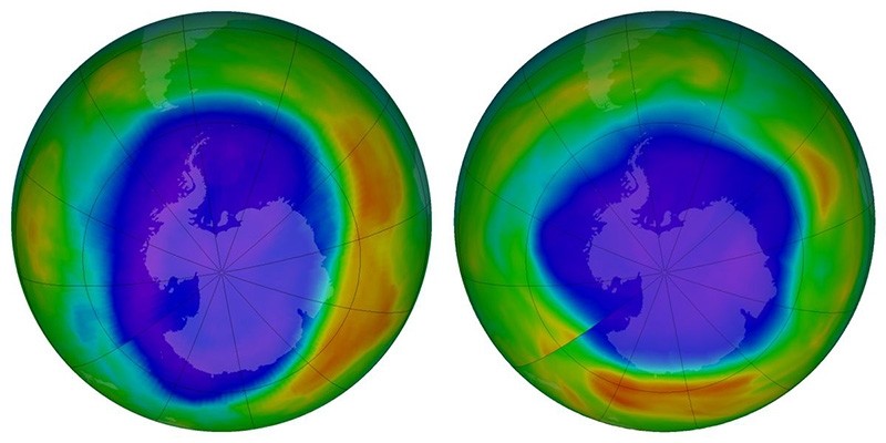 These NASA images show areas of low ozone above Antarctica on September 2000, left, and September 2018. The purple and blue colors are where there is the least ozone, and the yellows and reds are where there is more ozone. (NASA via AP)