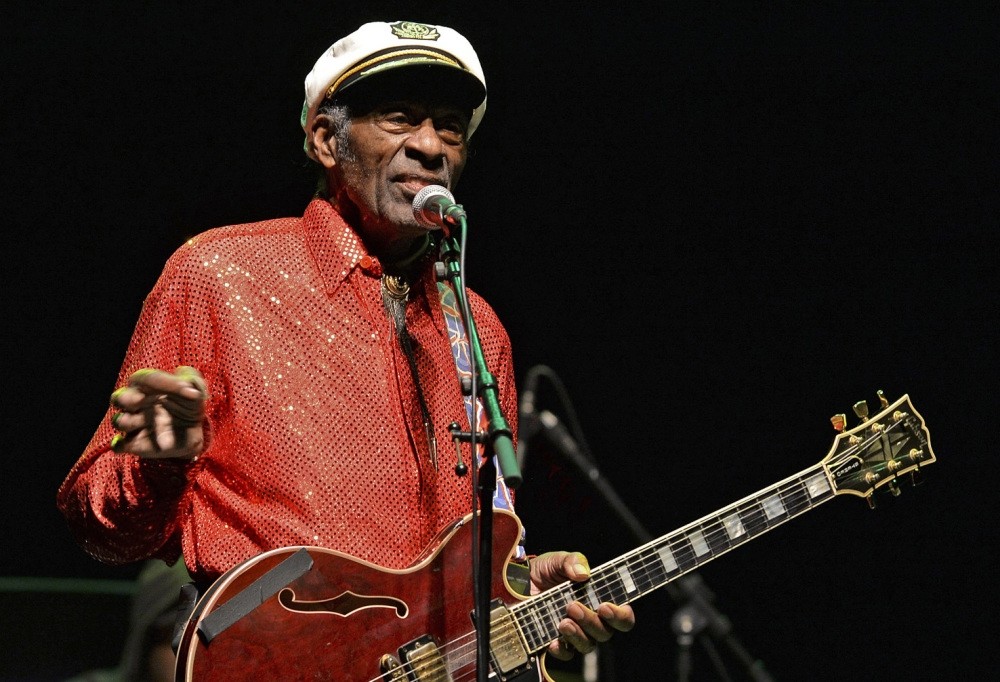 Photo shows legendary U.S. singer and composer Chuck Berry, one of the pioneers of rock-and-roll, performing at a concert in Montevideo.