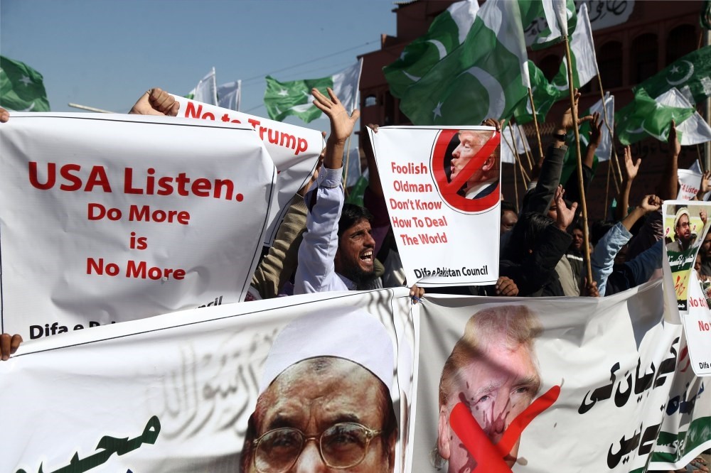 People shout anti-U.S. slogans during a protest against Trump's controversial tweets on Pakistan, Karachi, Pakistan, Jan. 2. 
