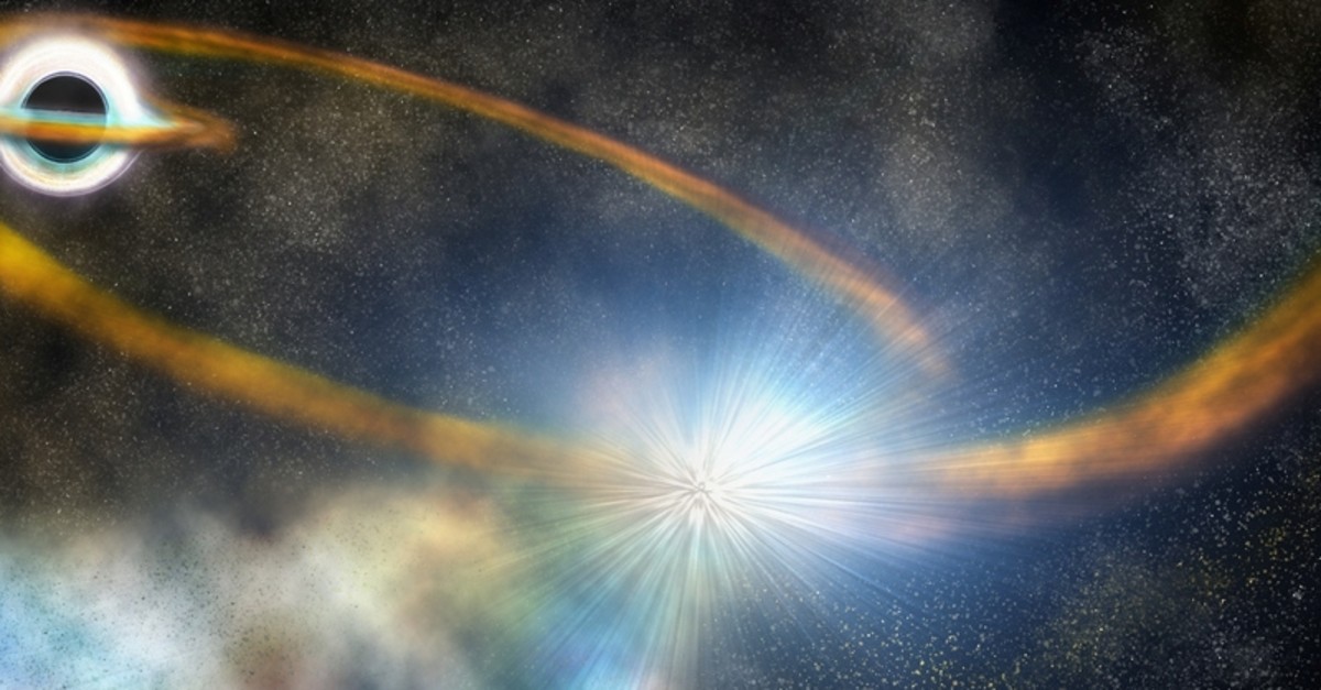 a star is torn apart into a thin stream of gas, which is then pulled back around the black hole and slams into itself, creating a bright shock and ejecting more hot material, in this artist's conception released on September 26, 2019 (Reuters Photo)