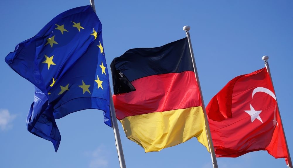 The flags of the EU, Germany and Turkey flutter in Berlin, Sept. 27.