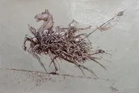 From a distance, u201cThe Horseu201d looks like a wild horse running to the left, but close up, the horse is comprised of many skeletons drawn in thin stripes reminiscent of graphical lines.