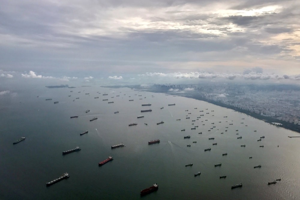 A bird's-eye view of ships along the coast, Singapore, July 9, 2017.
