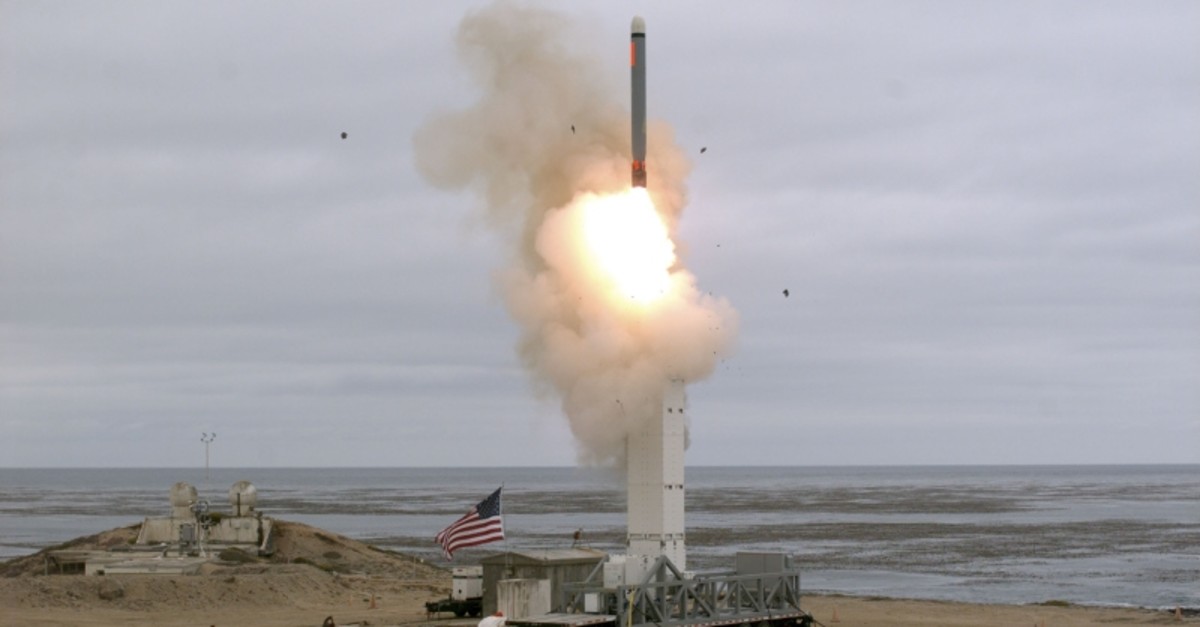 This US Department of Defense (DOD) handout photo shows a flight test of a conventionally configured ground-launched cruise missile at San Nicolas Island, California, August 18, at 2:30 p.m. Pacific Daylight Time. (Photo by Scott HOWE / DoD / AFP)