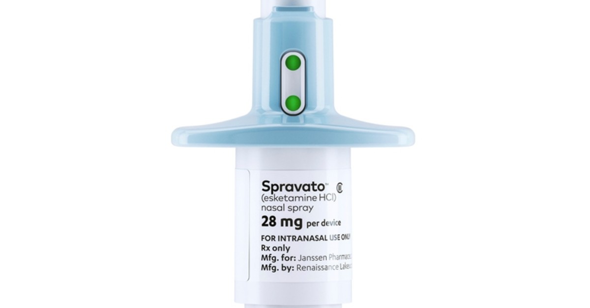 This photo provided by Janssen Global Services shows Spravato nasal spray. Spravato, a mind-altering medication related to the club drug Special K, won U.S. approval Tuesday, March 5, 2019. (AP Photo)