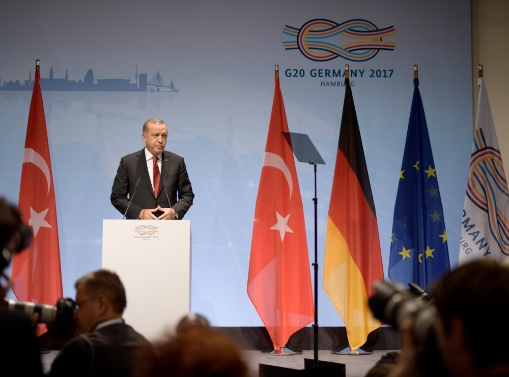 President Erdou011fan speaks at the closing press conference of the G20 Summit in Hamburg, July 8. 