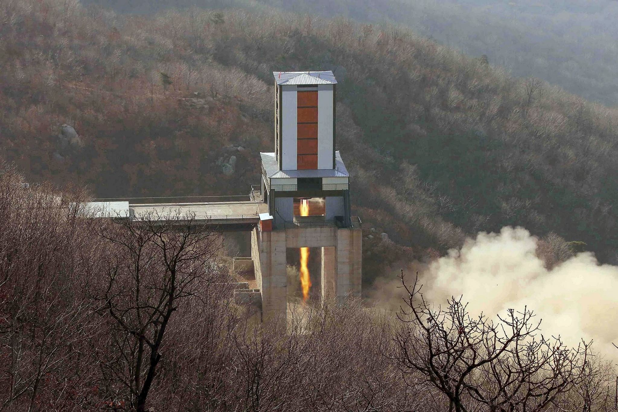 A new engine for an intercontinental ballistic missile (ICBM) is tested at a test site at Sohae Space Center in Cholsan County, North Pyongan province in North Korea in this undated photo released by KCNA on April 9, 2016.