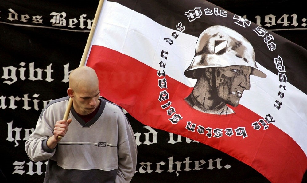 A supporter of Germany's far-right National Democratic Party (NPD) at a Berlin rally.