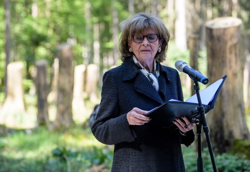 This April 27, 2018, photo shows Charlotte Knobloch, president of the Jewish Community Munich, giving a speech during a ceremony to inaugurate a memorial site at the former Muehldorfer Hart concentration camp near Waldkraiburg, Germany. (AFP Photo)