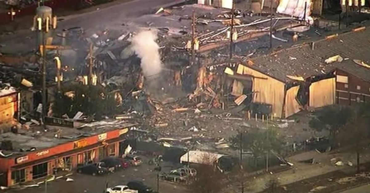 This aerial photo taken from video provided by KTRK-TV shows damage to buildings after an explosion in Houston on Friday, Jan. 24, 2020. (KTRK-TV via AP Photo)