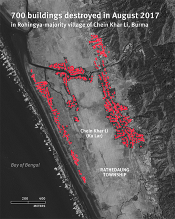 Map locating 700 buildings destroyed in August 2017 in the Rohingya-majority village of Chein Khar Li, Myanmar. (Courtesy of HRW)