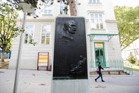 A commemorative plaque for pioneering scientist Ignaz Phillip Semmelweis stands in the garden of the General Hospital in Vienna.
