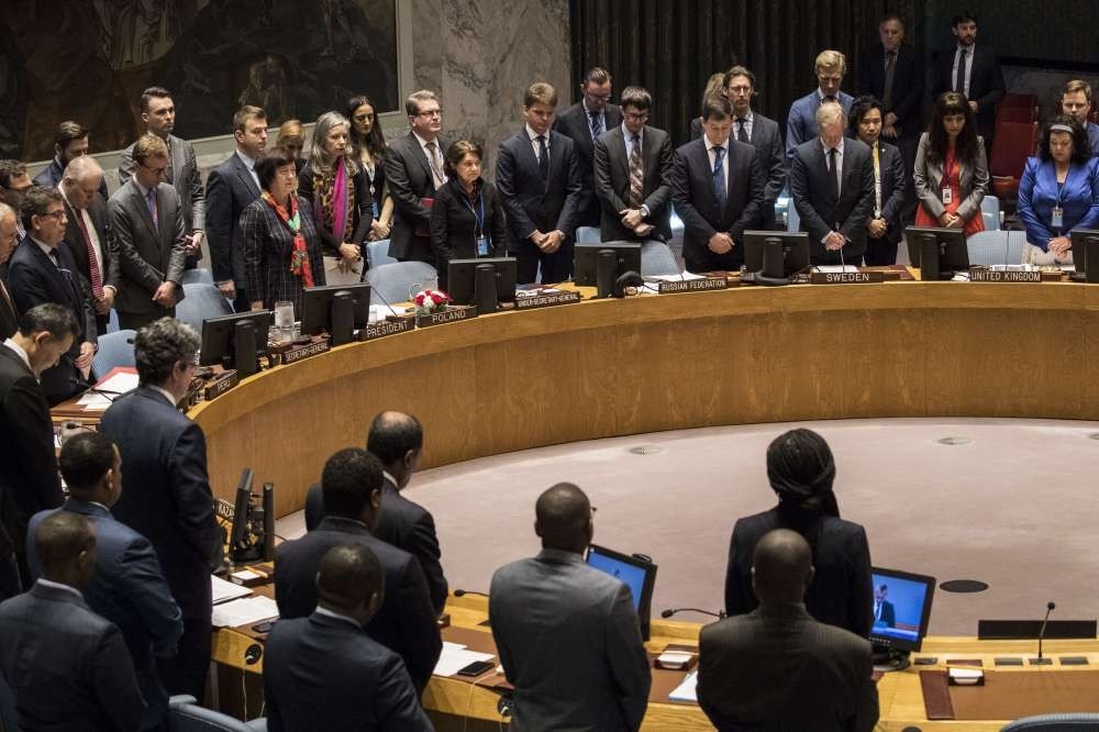 Members of the United Nations Security Council observe a moment of silence, New York City, May 15.