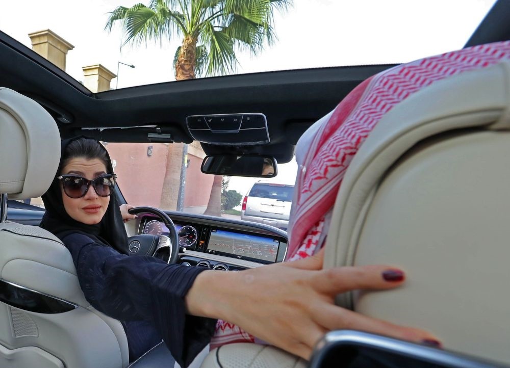 A Saudi woman practices reversing a car in Riyadh ahead of the lifting of a ban on women driving in Saudi Arabia on Apr. 29.