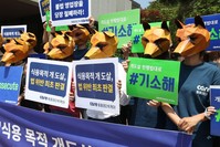 This picture taken on June 20, 2018 shows South Korean animal rights activists wearing dog-shaped masks outside a court in Seoul as they rally in support of an anticipated a court decision declaring killing dogs for meat is illegal. (AFP Photo)