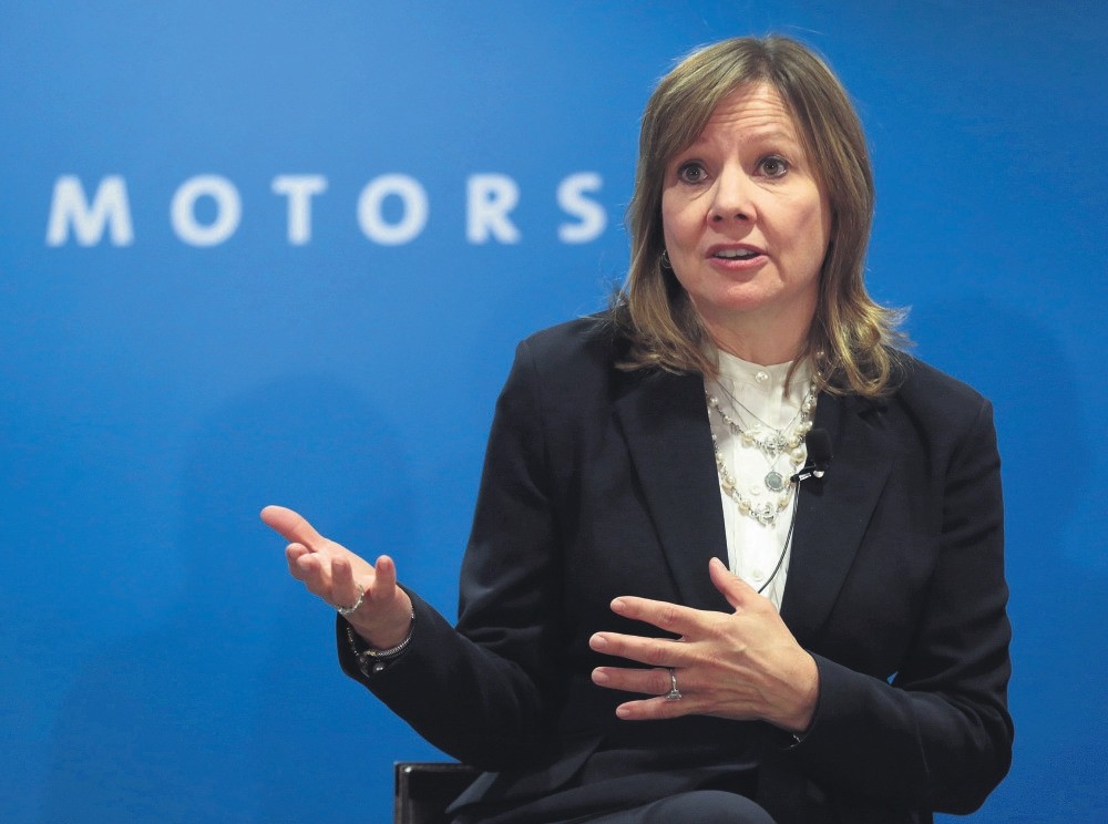 General Motors CEO Mary Barra speaks at GM's press conference at the North American International Auto Show, Detroit.