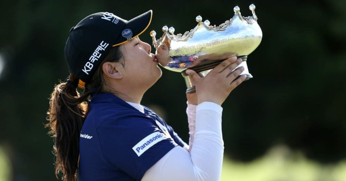 Winner Inbee Park from South Korea kisses the trophy during day 4 of the Women's Australian Open golf tournament at Royal Adelaide Golf Club in Adelaide, South Australia, Australia, Feb. 16, 2020.