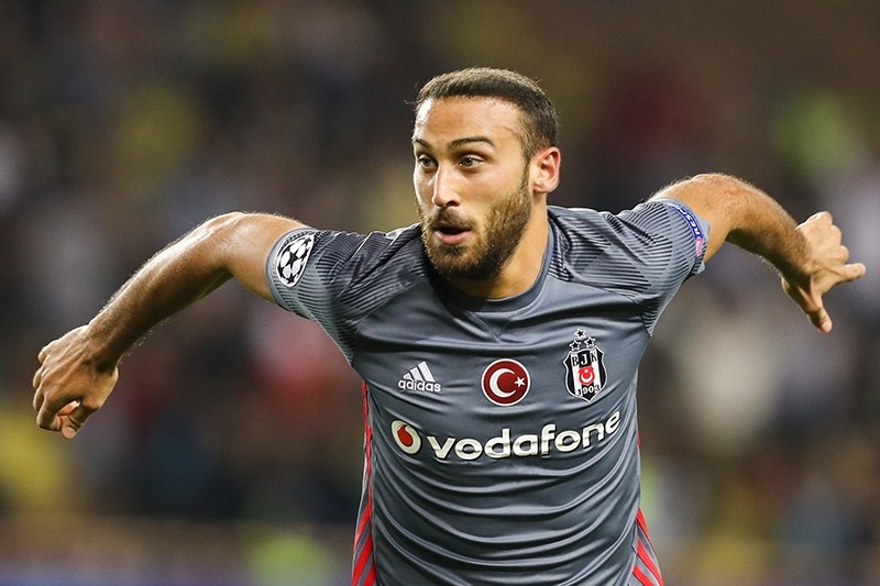 Beu015fiktau015f's forward Cenk Tosun celebrates after scoring his second goal during the UEFA Champions League group stage football match between Monaco and Beu015fiktau015f in Monaco, Oct. 17, 2017. (AFP Photo)