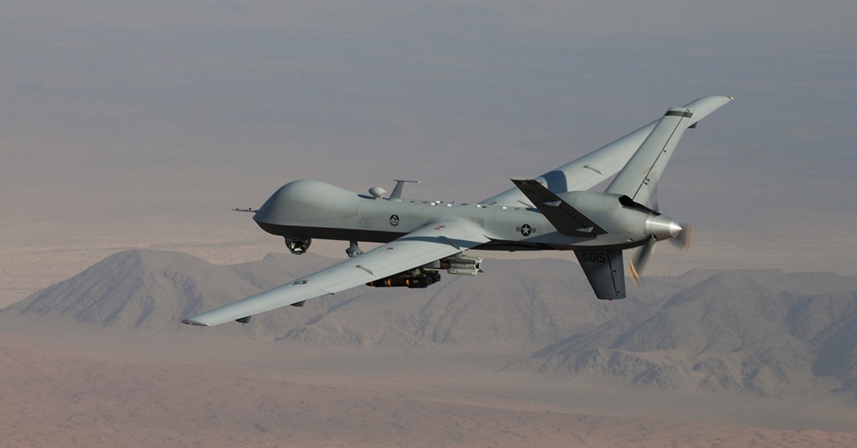 An MQ-9 Reaper, armed with GBU-12 Paveway II laser-guided munitions and AGM-114 Hellfire missiles, flies over southern Afghanistan. (U.S. Air Force Photo)
