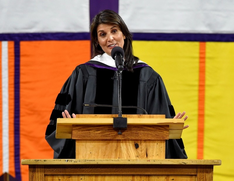 In this May 10, 2018 file photo, United Nations Ambassador Nikki Haley, a 1994 Clemson University graduate, gives the 2018 commencement speech in Clemson, S.C. (AP Photo)