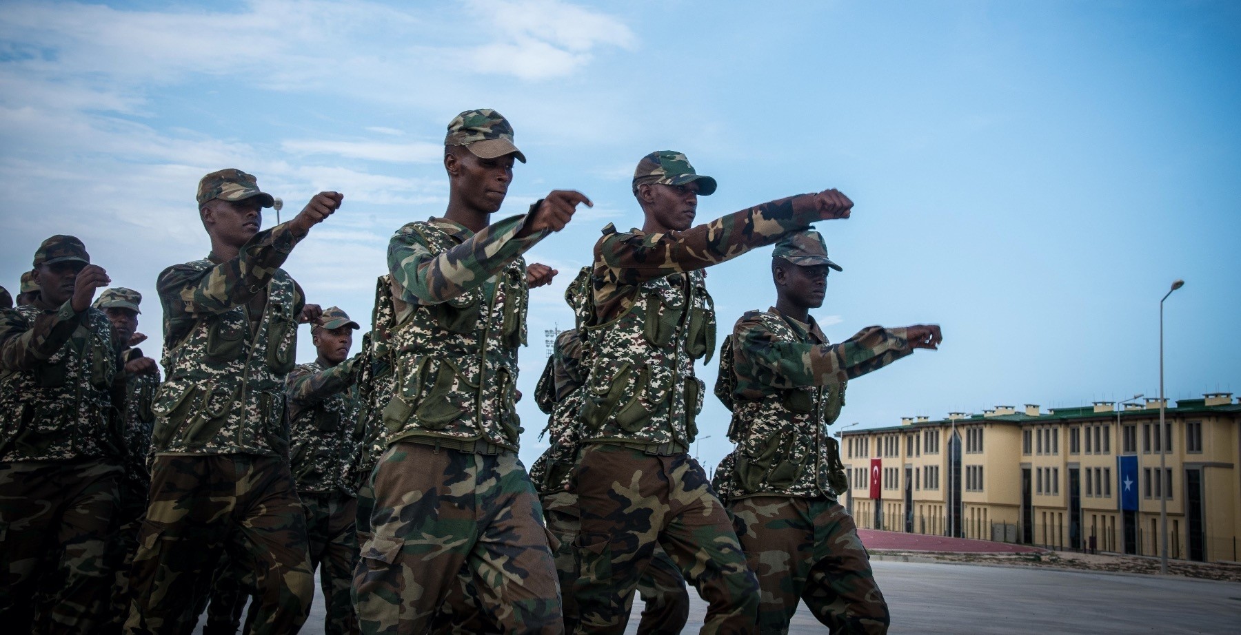 Somali soldiers march during military training.
