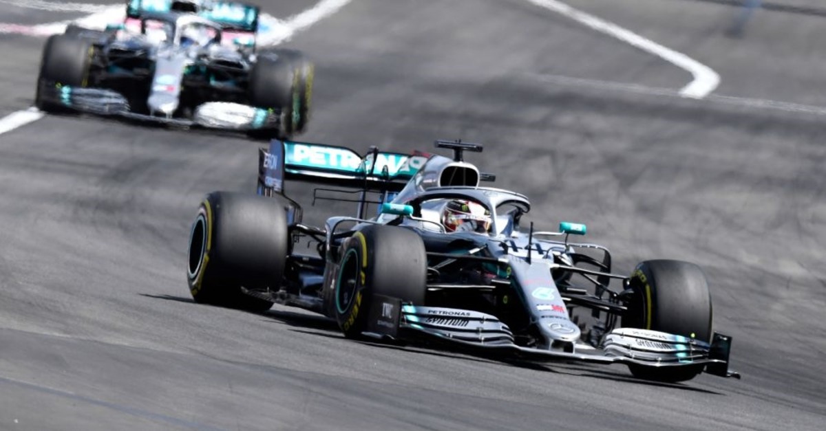 Lewis Hamilton (front) leads ahead of Valtteri Bottas and Charles Leclerc during the Formula One Grand Prix de France at the Circuit Paul Ricard in Le Castellet, June 23, 2019.