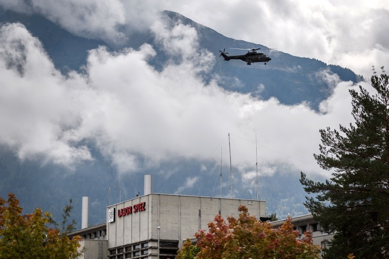 A Super Puma helicopter of the Swiss Air Force flight above the Spiez Laboratory, Swiss Federal Institute for NBC-Protection (nuclear, biological, chemical) on September 14, 2018 in Spiez, 40km from Swiss capital Bern. (AFP Photo)