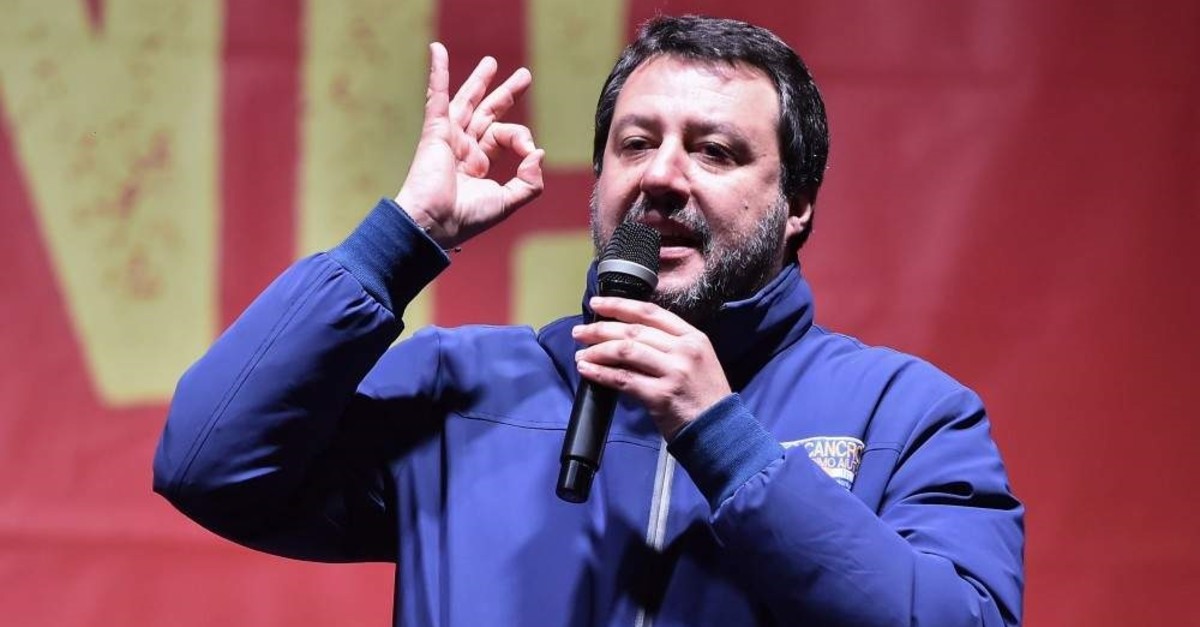 Italian far-right League party leader Matteo Salvini gestures as he speaks during a rally, Bibbiano, Jan. 23, 2020. (REUTERS Photo)