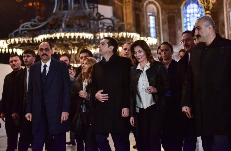 Greek PM Tsipras accompanied by Presidential Spokesman Ibrahin Kalu0131n in Hagia Sophia, Istanbul, Feb. 6, 2019. (DHA Photo)