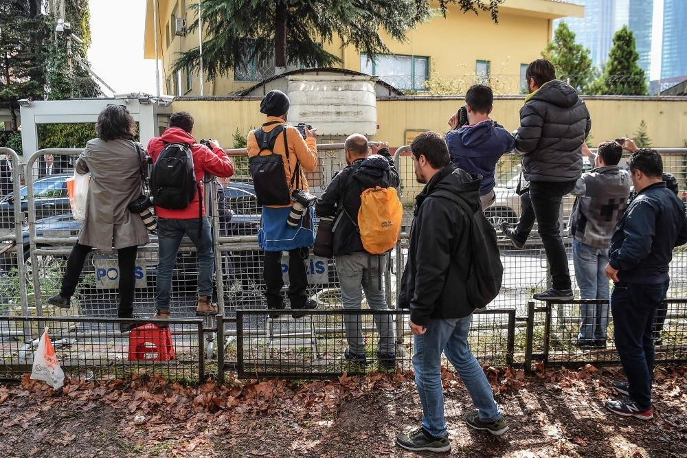Journalists stand in front of the Saudi Arabian consulate in Istanbul. Jamal Khashoggi, a Saudi Washington Post contributor, vanished on Oct. 2 after entering the consulate to obtain official documents ahead of his marriage to his Turkish fiancee.