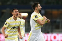 Fenerbahu00e7e's Hasan Ali Kaldu0131ru0131m celebrates scoring their second goal with Eljif Elmas during the match against Anderlecht on Oct. 25.