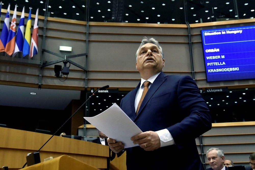Hungary's Prime Minister Viktor Orban speaks during a plenary session at the European Parliament (EP) in Brussels, Belgium, April 26.