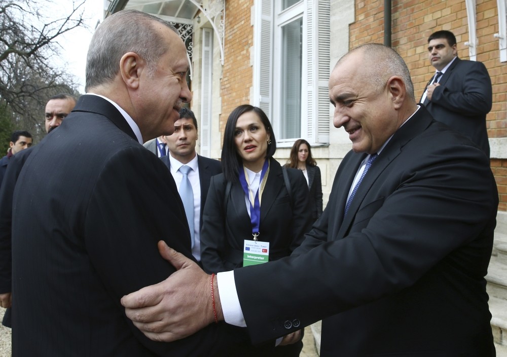 Bulgarian Prime Minister Boyko Borisov (R), welcomes President Recep Tayyip Erdogan (L), prior to their meeting as part of the EU-Turkey summit in the Black Sea resort of Varna, Bulgaria, March 26.