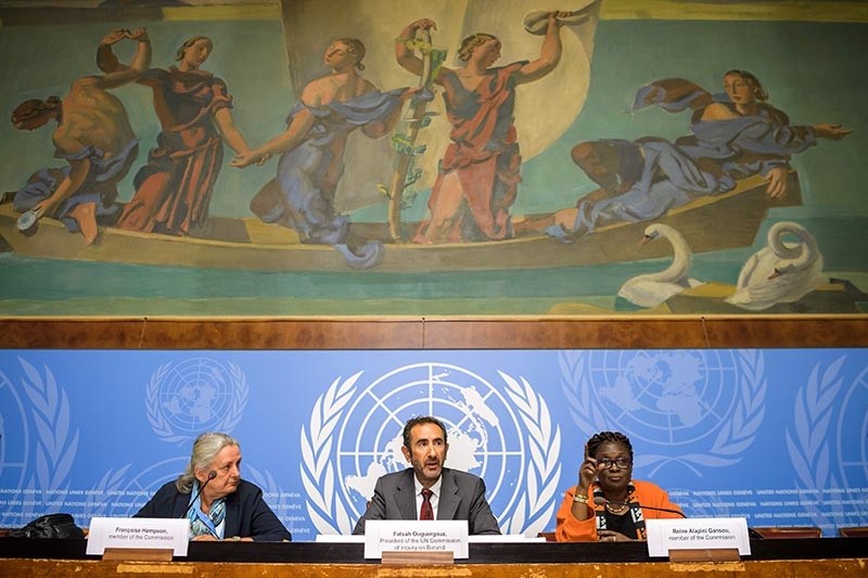Members of the United Nations (UN) Commission of Inquiry on Burundi,Francoise Hampson of Britain, Commission Presiden Fatsah Ouguergouz of France and Reine Alapini-Gansou of Benin attend a press conference on the commission's report on September 4, 2