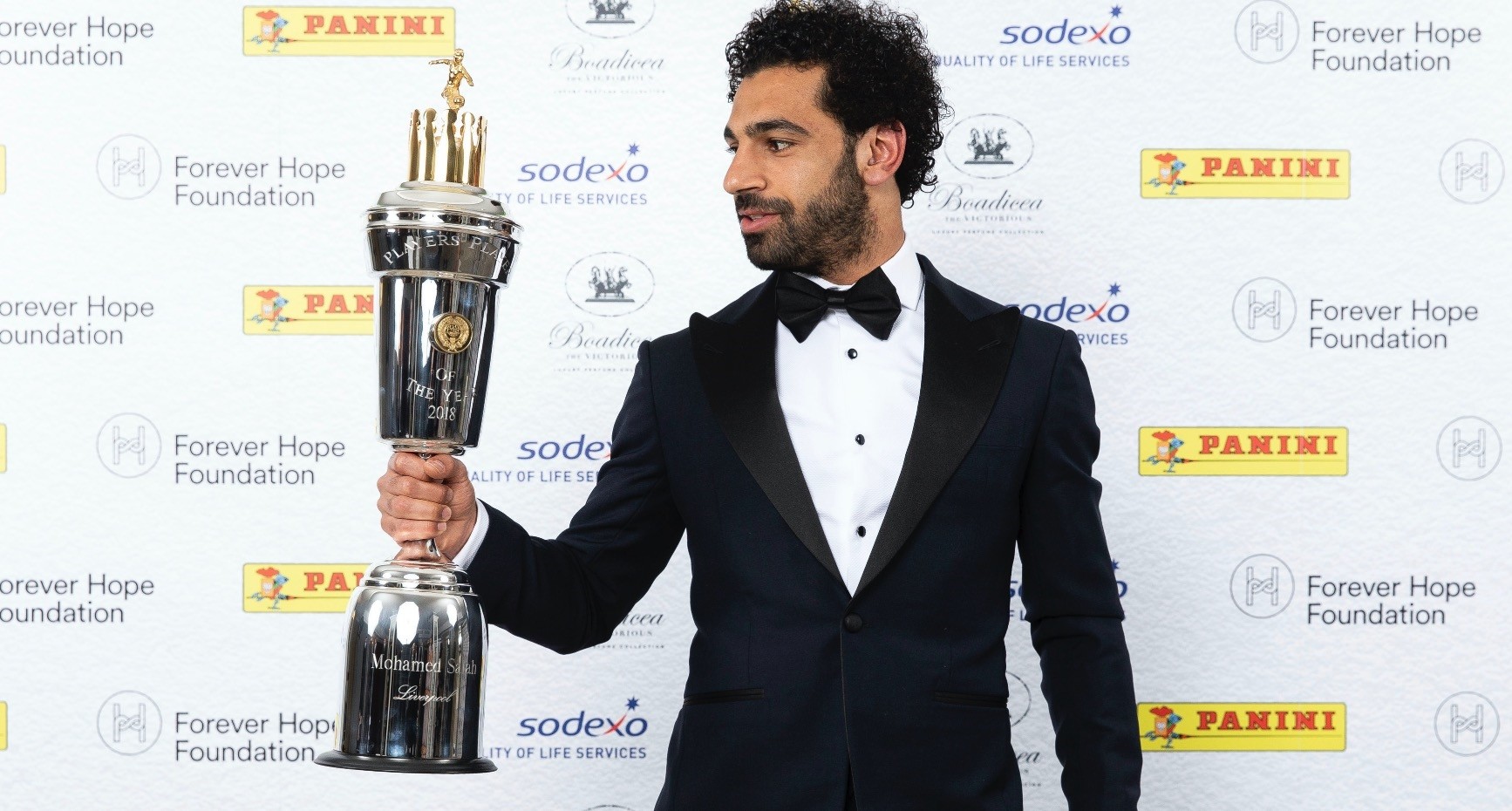 Liverpool player Mohamed Salah poses with the PFA Player Of The  Year Trophy.
