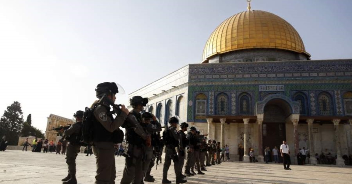 Israeli police stand guard in front of the Dome of the Rock located in the Al-Aqsa Mosque compound, Jerusalem's Old City, July 27, 2017. (AP Photo)