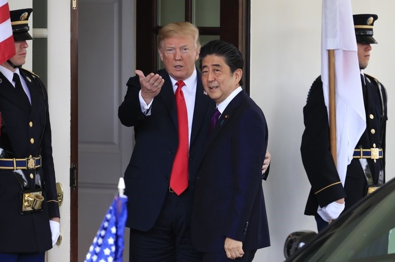 President Donald Trump welcomes Japanese Prime Minister Shinzo Abe to the White House in Washington, Thursday, June 7, 2018. (AP Photo)