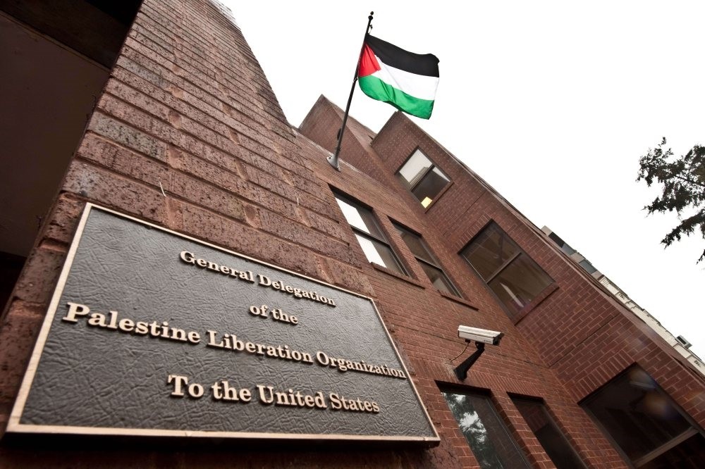 The Palestinian flag flies from the building housing the General Delegation of the Palestine Liberation Organization (PLO), Washington. 