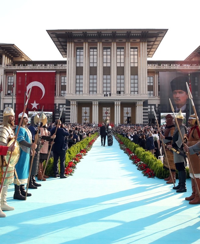 Erdoğan and his wife arrive for a ceremony at the Presidential Complex in Ankara, on July 9, 2018.  