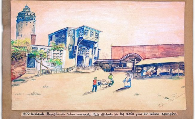 A drawing depicting the first building of the Sen Jorj Hospital, opened by nuns in 1872.