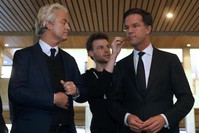 Geert Wilders of the PVV and Dutch PM Rutte (R) of the VVD take part in the debate in Rotterdam, on Monday.