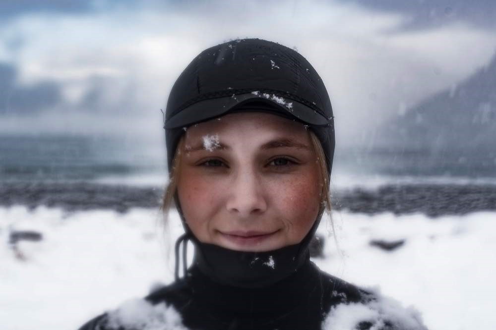 Solmoy Austbo from Norway poses after a surf session in Unstad.