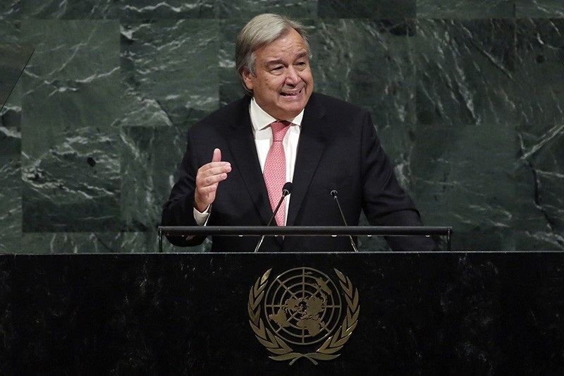 In this Sept. 19, 2017 file photo, United Nations Secretary-General Antonio Guterres addresses the 72nd meeting of the U.N. General Assembly, at U.N. headquarters. Secretary-General Antonio Guterres on Sunday,, Dec. 31, 2017 (AP Photo)