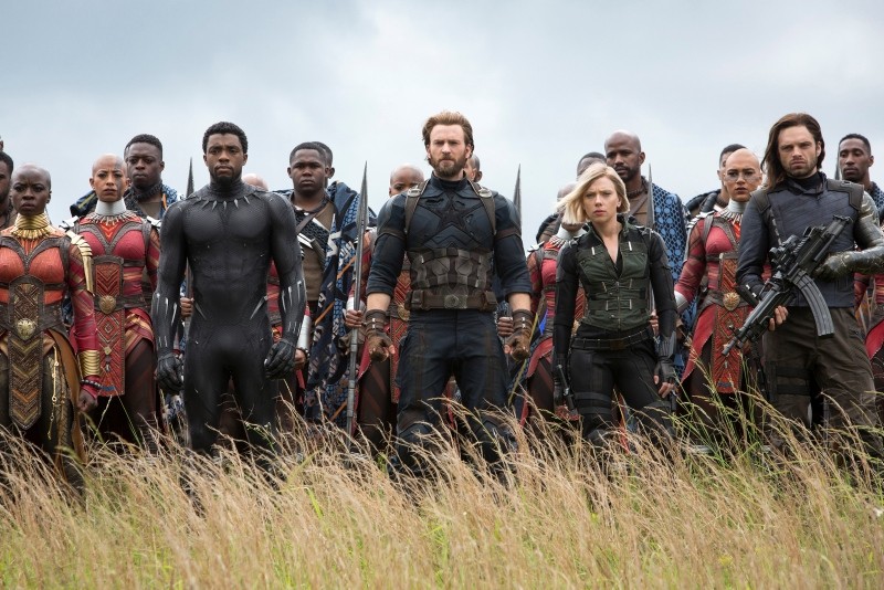 This image released by Marvel Studios shows Danai Gurira, Chadwick Boseman, Chris Evans, Scarlet Johansson and Sebastian Stan in a scene from ,Avengers: Infinity War., (AP Photo)