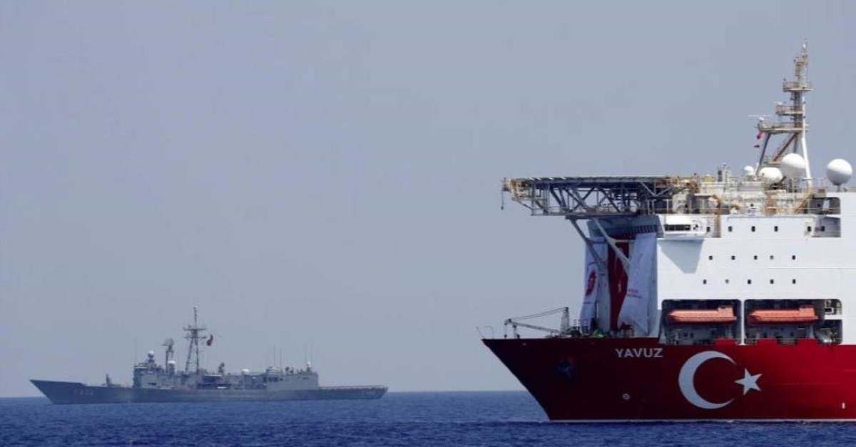 Drilling vessel Yavuz is escorted by Turkish navy frigate TCG Gemlik (F-492) in the eastern  Mediterranean off Cyprus, Aug. 6, 2019.