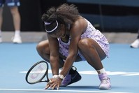 Serena Williams of the U.S. reacts as she plays against China's Wang Qiang in their third round singles match at the Australian Open tennis championship in Melbourne, Australia, Friday, Jan. 24, 2020. (AP Photo)
