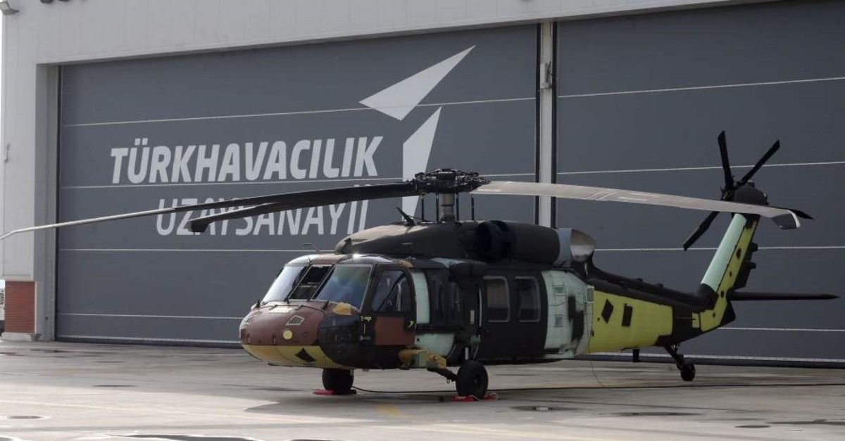 The first multi-role Turkish-built Black Hawk type T70 helicopter that was rolled out of the hangar on Nov. 25, 2019. (AA Photo)