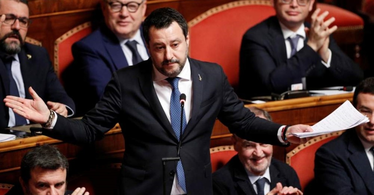 Leader of Italy's far-right party Matteo Salvini gestures at the Senate, Rome, Feb. 12, 2020. (REUTERS Photo)