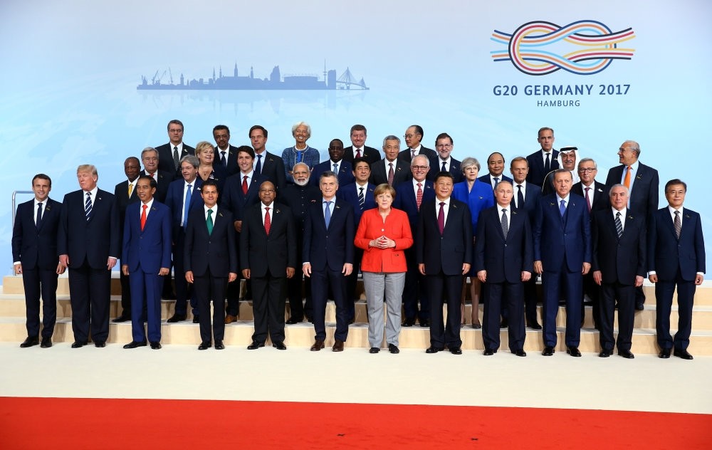 G20 leaders pose for a family photo at the summit held in Hamburg in 2017.