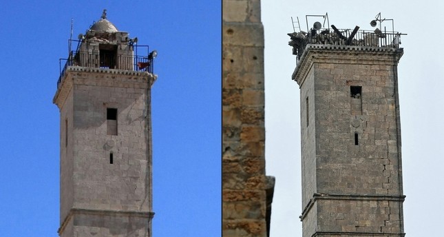 صور مئذنة المسجد داخل قلعة حلب المدرجة في قائمة اليونسكو قبل وبعد الزلزال الكبير في سوريا، 6 فبراير 2023 وكالة الصحافة الفرنسية